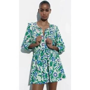Zara SZ M Linen Blend Blue Green Floral Print Mini Dress Belted